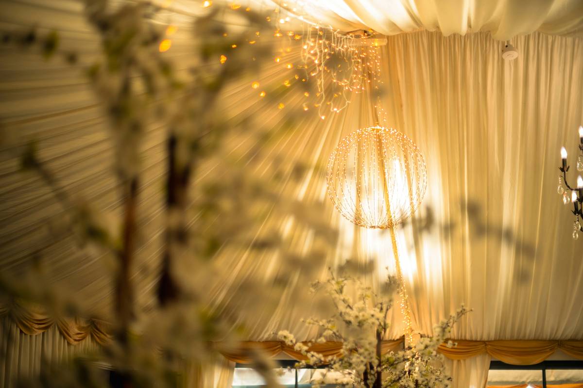 Close-up of energy-efficient new event lighting fixtures installed in home festive decor